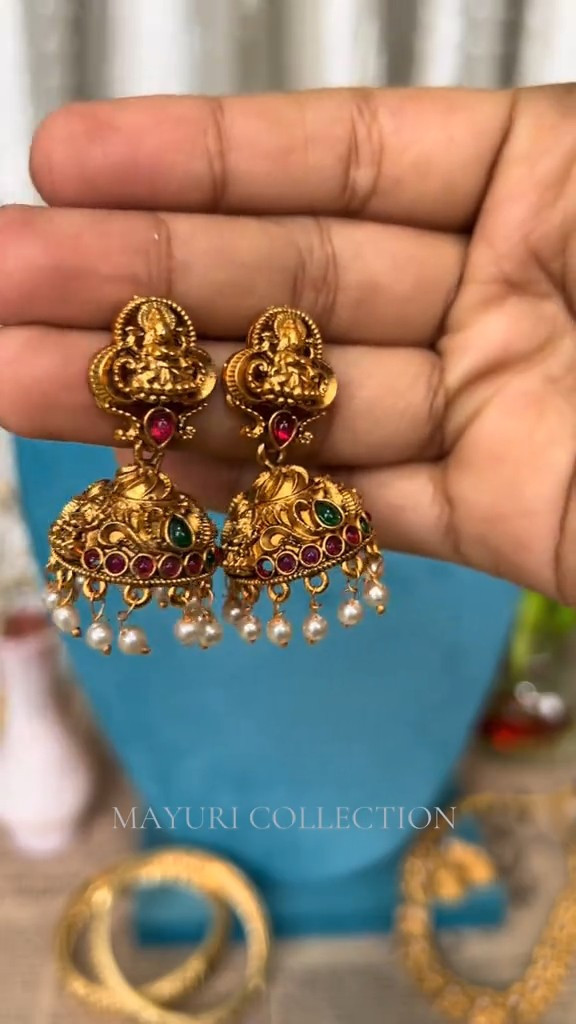 Temple Jhumka Earrings with Pearl Drops - Image 4