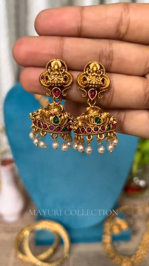 Temple Jhumka Earrings with Pearl Drops - Image 2