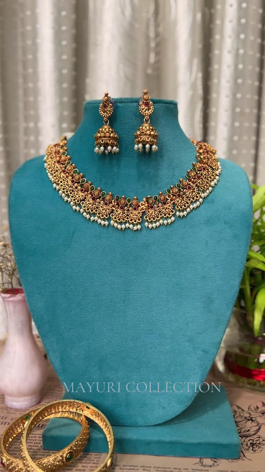 Gold-Tone Pearl Drop Choker Necklace Set with Jhumka Earrings - Image 3